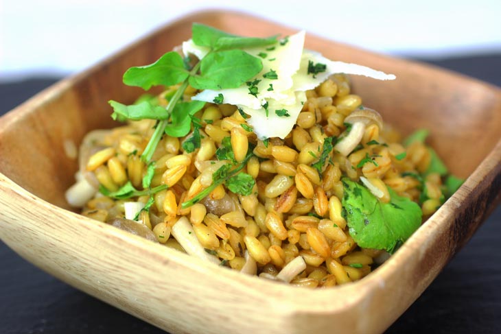 Grano Risotto with Cremini Mushrooms and Watercress