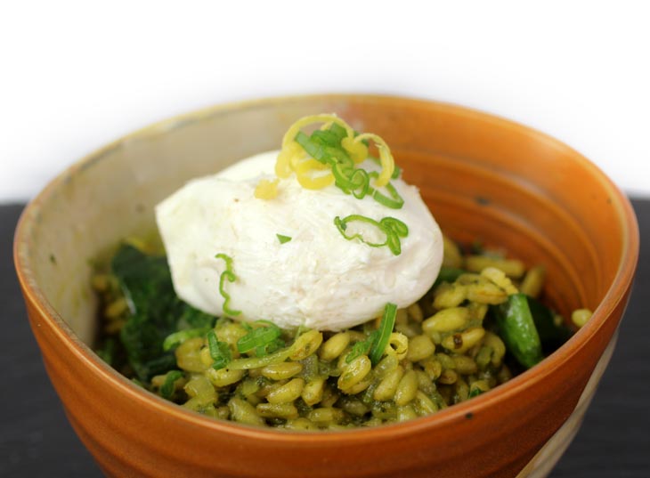 Pesto Grano Risotto with Poached Egg