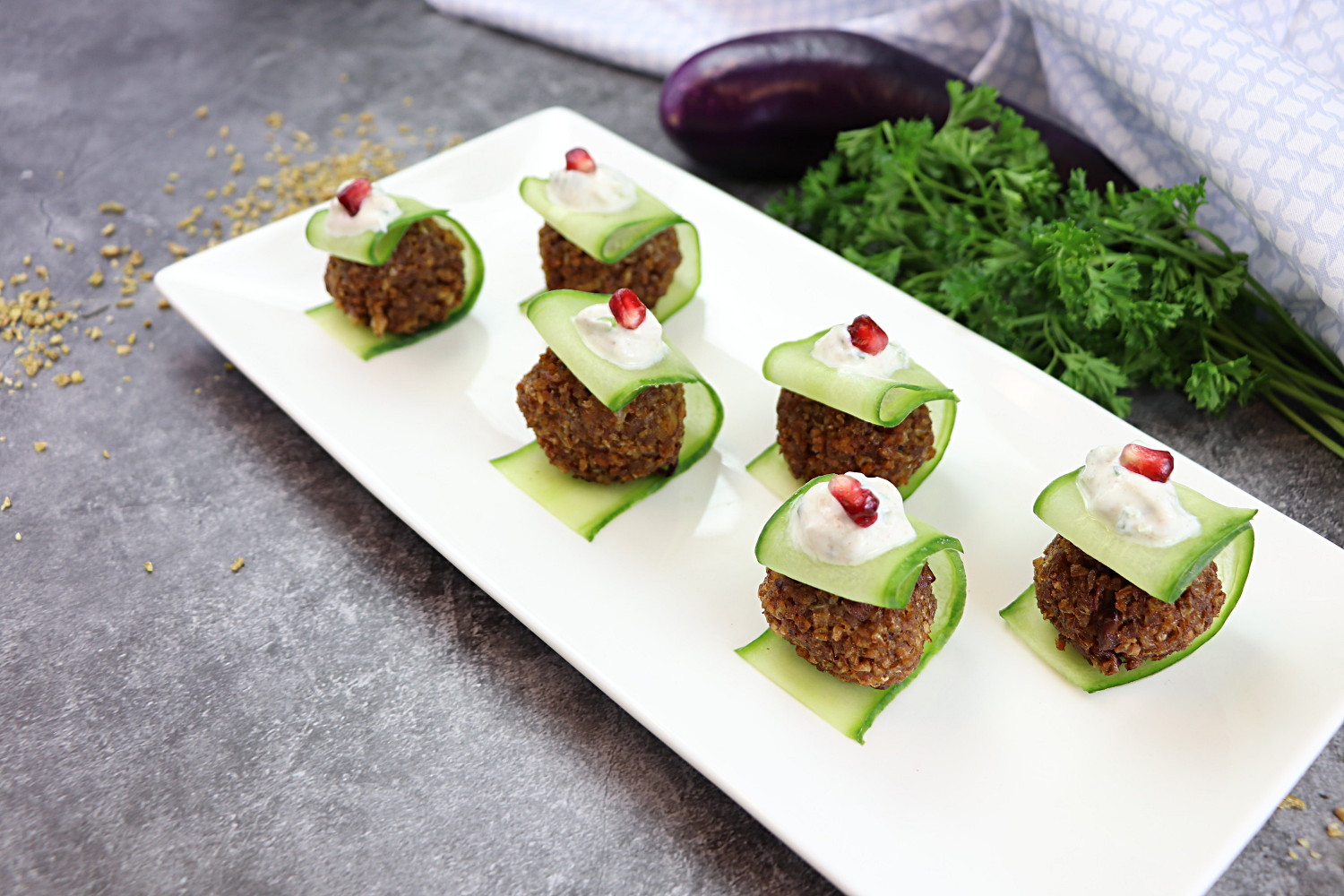 Mini Freekeh Kofta with Cucumber Yogurt Dip