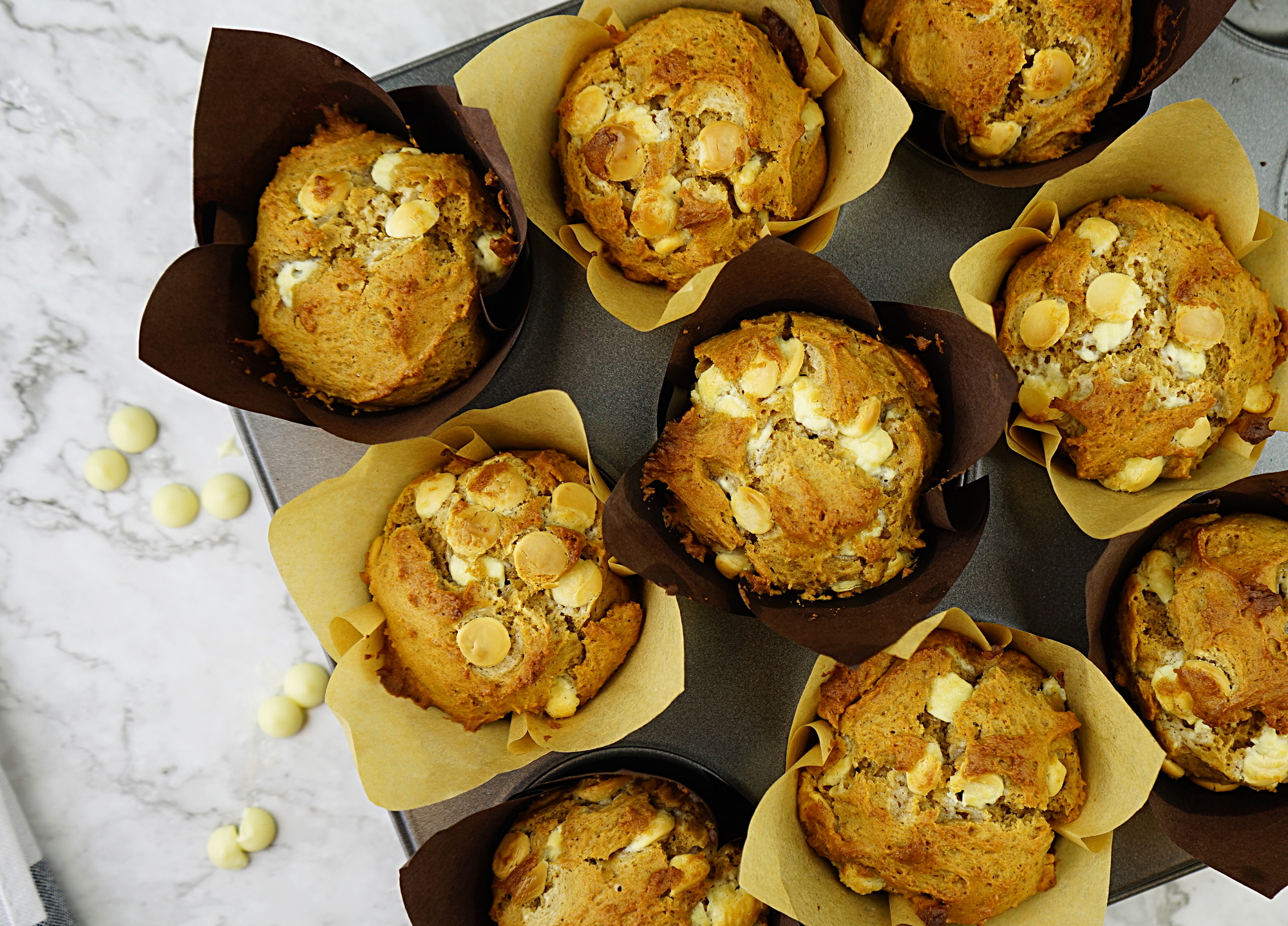 White Chocolate Pumpkin Spice Muffins