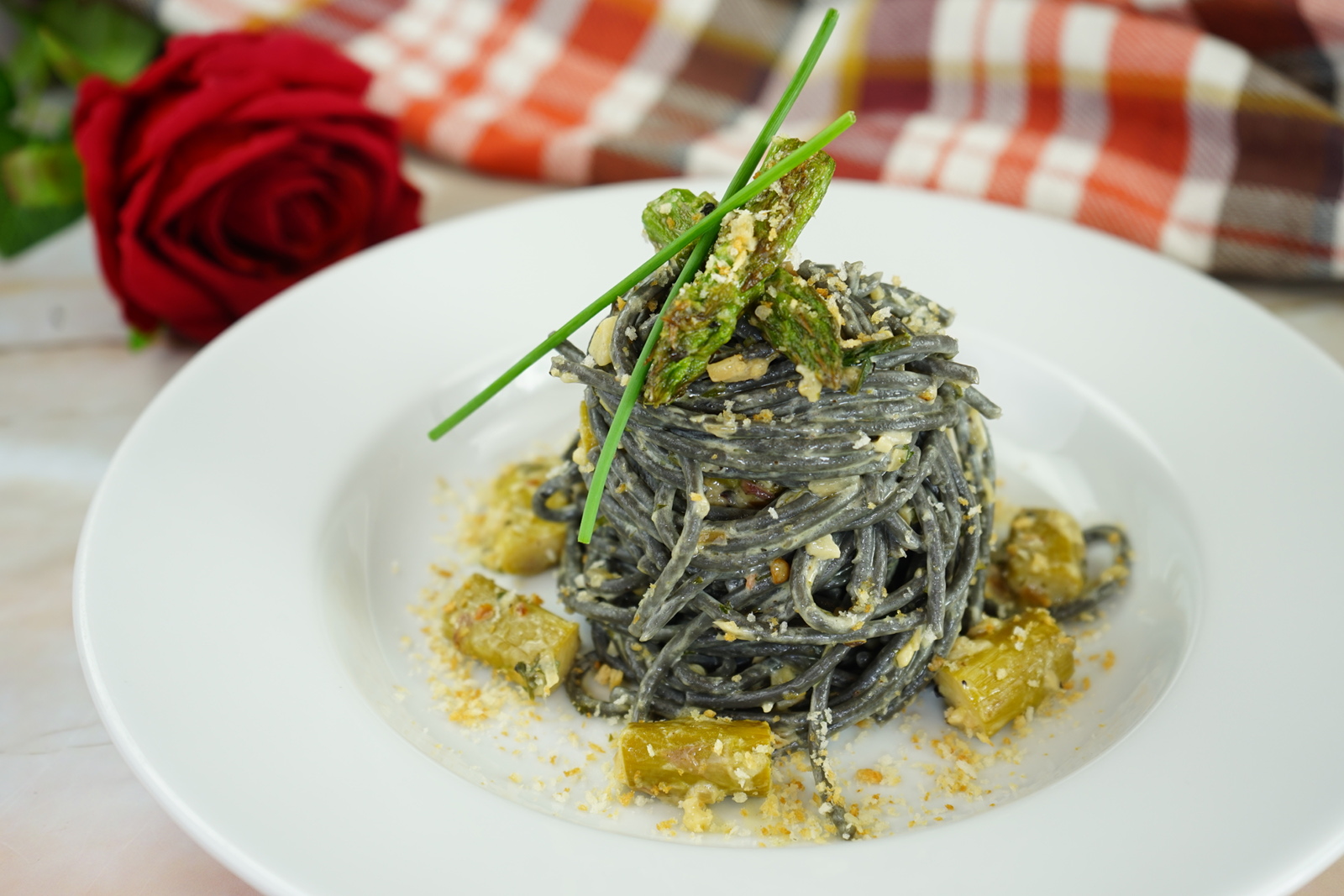 Squid Ink Pasta with Creamy Asparagus Sauce