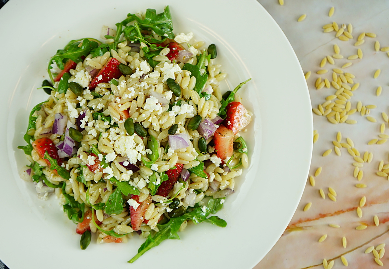 Strawberry Orzo Pasta Salad in Sorghum Vinaigrette