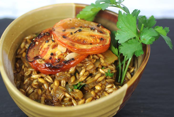 Curry Caramelised Onion and Roast Tomato Farro Risotto