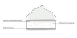 ASSEMBLY: Place a little crémeux into the Small Dark Round Slim and over the compote and the Génoise, which has been previously cut out with a cutter. Cover to the edges with a little more crémeux and smooth with a spatula. Place the red swirl on top.